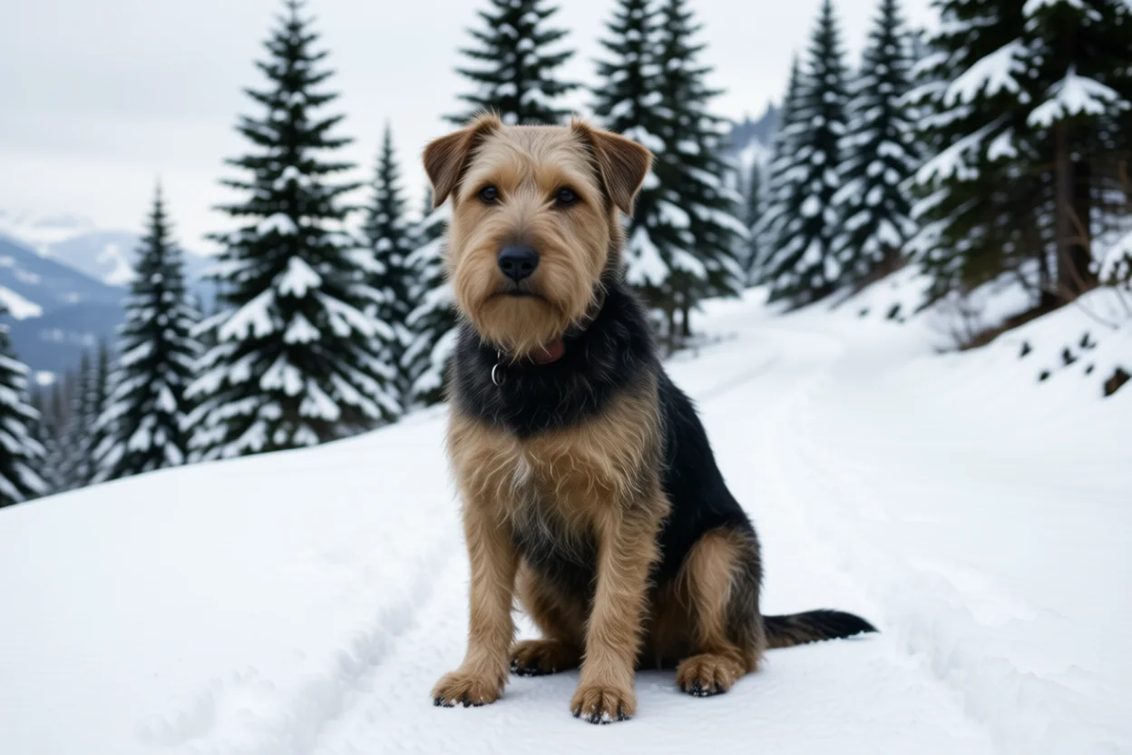 The same terrier in the same pose on a snowy mountain trail with pine trees behind