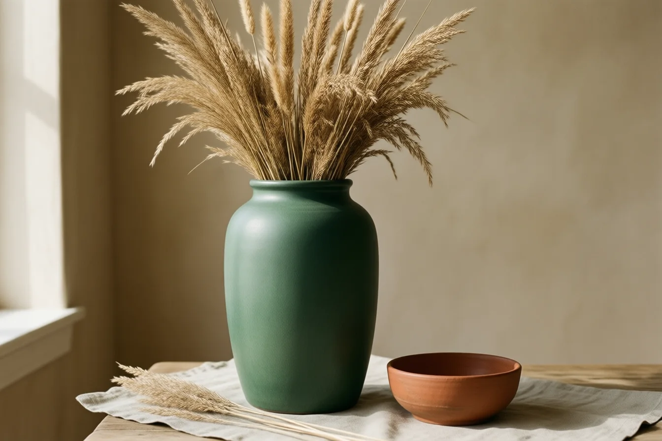 A tall green stoneware vase with dried grasses and a terracotta bowl, photographed in the same style